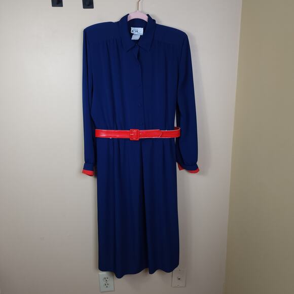 Vintage Willi of California Belted Long Sleeve Shirt Dress in Blue Red Size 14 - Picture 1 of 12